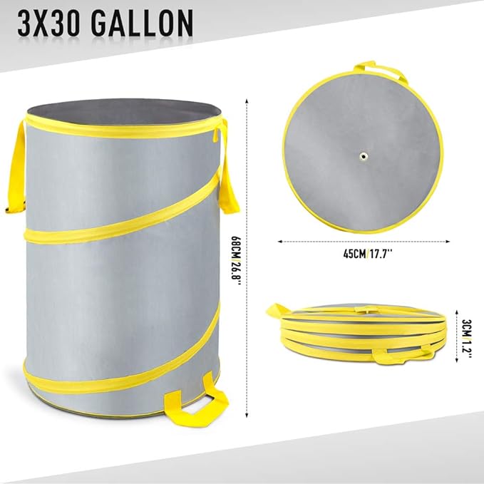 30 Gallon Collapsible Trash Can 3 Pack, Garden Bag Pop Up Camping Trash can, Reusable Leaf Bag Holder, Yard Waste Bag