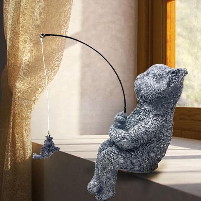 Cat Fishing Statue Garden Decor – 9.8" Weatherproof Resin Cat Fishing Sculpture Decor for Fish Ponds, Koi Ponds, Waterfalls, Poolside & Outdoor Gardens– Resin Figurine for Indoor & Outdoor Décor