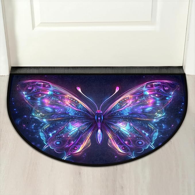 cfpolar Non-Slip Soft Half Round Door Mat, Glowing Purple Butterfly Semicircle Mat for Indoor Entrance Garage Bath Living Room Patio 24 x 36 in