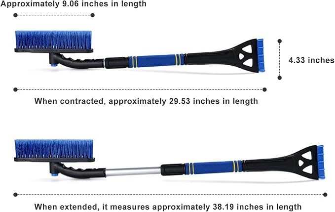 Snow Brush and Ice Scraper for Car - 360° Rotatable Head, Extendable Foldable Handle, Blue Soft Bristles Protect Paint (Cars, Trucks, SUVs)