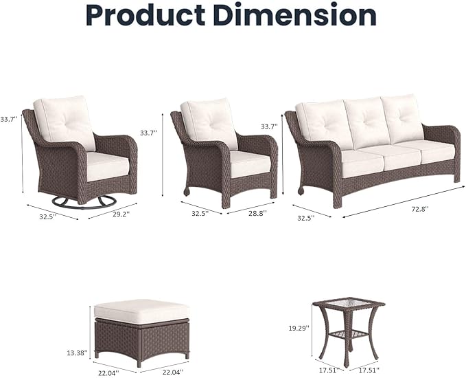 9 Pieces Outdoor Patio Furniture Sets with Rocking Swivel Chairs with 6-inch Thick Cushion and Side Table for Deck Lawn
