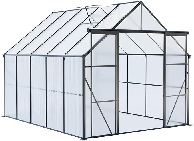 KEIKI 8x10 FT Double Door Polycarbonate Greenhouse with Aluminum Frame,Raised Base and Roof Vent,Walk-in Greenhouses for Patio Garden