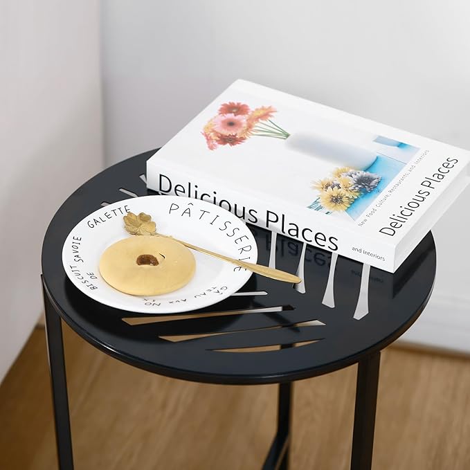 2 Packs 13" Metal Outdoor Side Tables Small Black Outside End Table for Patio Round Accent Corner Stand for Small Spaces Weather-resistant Coffee Table for Balcony Porch Plant Stand,Tropical Leaf