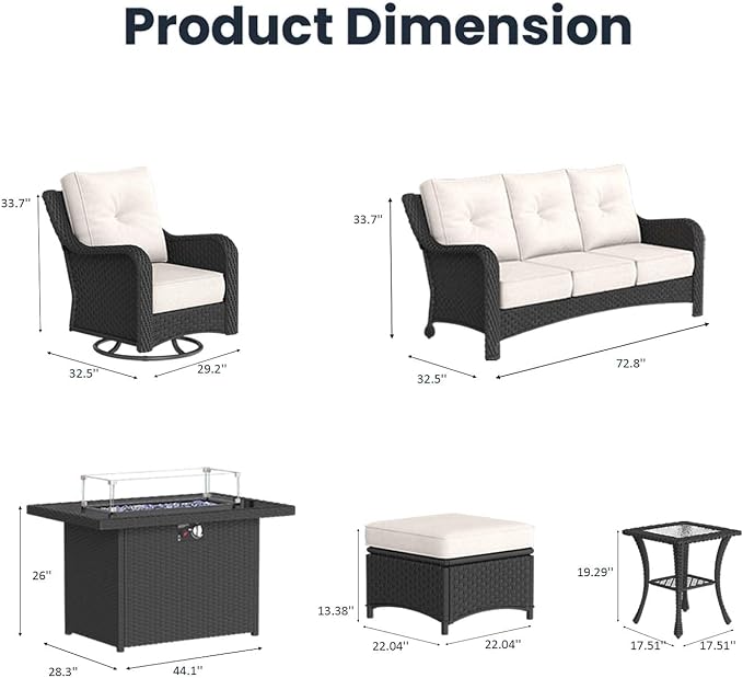 8 Pieces Outdoor Patio Furniture Sets with Rocking Swivel Chairs with 6-inch Thick Cushion and Fire Pit Table for Deck Lawn