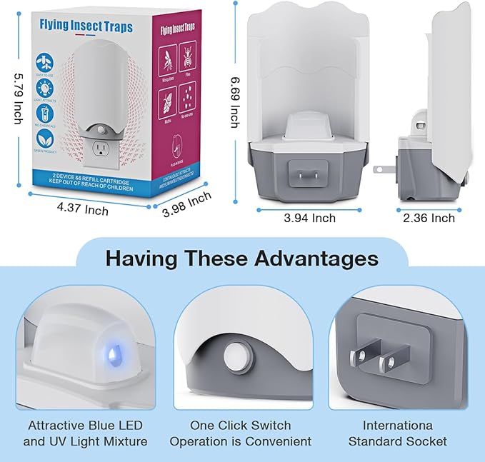 Fly Trap Indoor, Fly Catcher 2 Plug-in Flying Insect Traps with 6 Refills, Fruit Fly and Gnat Traps, Indoor Bug Catcher for Mosquitoes, Flies, Moths