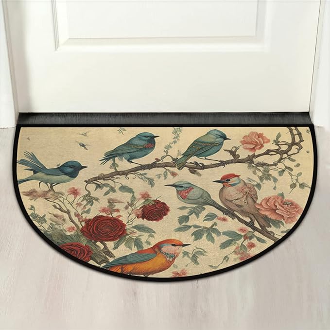 cfpolar Bird Half Round Door Mat, Vintage Bird Tree Flowers Retro Semicircle Doormat, Non Slip Soft Area Rug for Front Door Indoor Entrance Wear Resistant Welcome Mat, 24 x 36 in