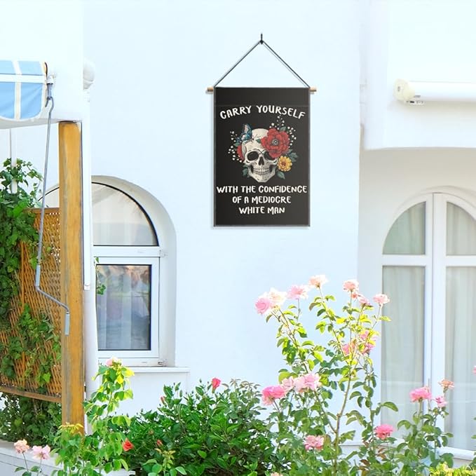 Carry Yourself With The Confidence Garden Flag, Funny Skelethon Feminist Yard Sign for Outside, Women's Equality Skull Floral Flag, Women's Rights Empowerment Banner, Feminist Gifts for Women