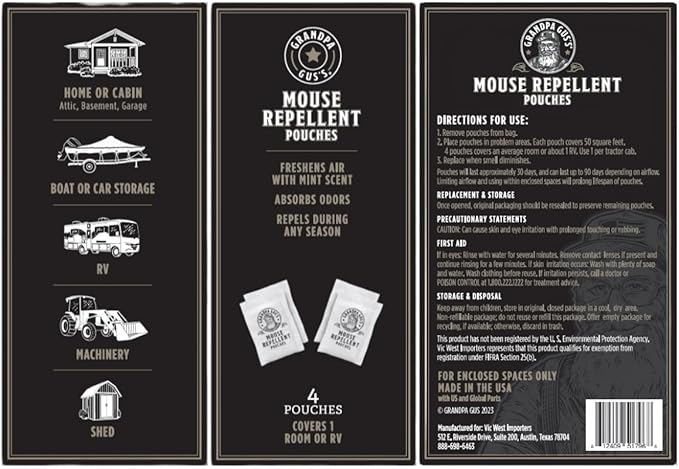 Grandpa Gus's Extra-Strength Mouse Repellent Pouches + Rodent Repellent Spray, Peppermint/Cinnamon, Home/RV, Boat/Car Storage & Machinery, 4 x 1.75 oz Pouches + 1 x 8 oz Spray