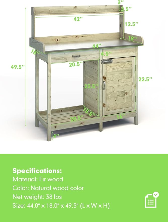 ARNOT Potting Bench,Outdoor Potting Bench Table with Sink and Storage Shelves, Wooden Garden Workstation for Gardening Tools, Planting, and Repotting – Natural Fir Wood (44” x 18” x 49.5”)