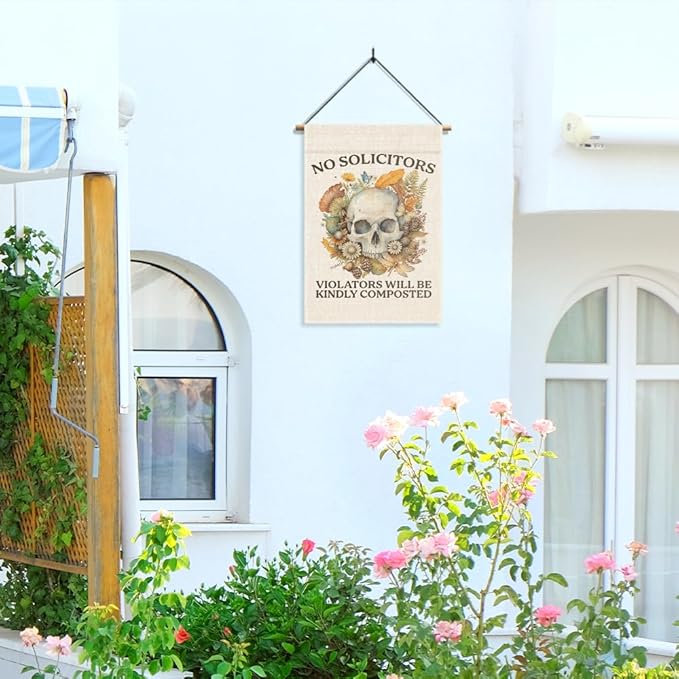 No Soliciting Garden Flag, Funny Halloween Floral Skeleton Yard Sign for Outside, House Porch Fall Outdoor Decor for Gardener, No Solicitors Sign, Go Away Sign, Gardening Gifts for Family Friend