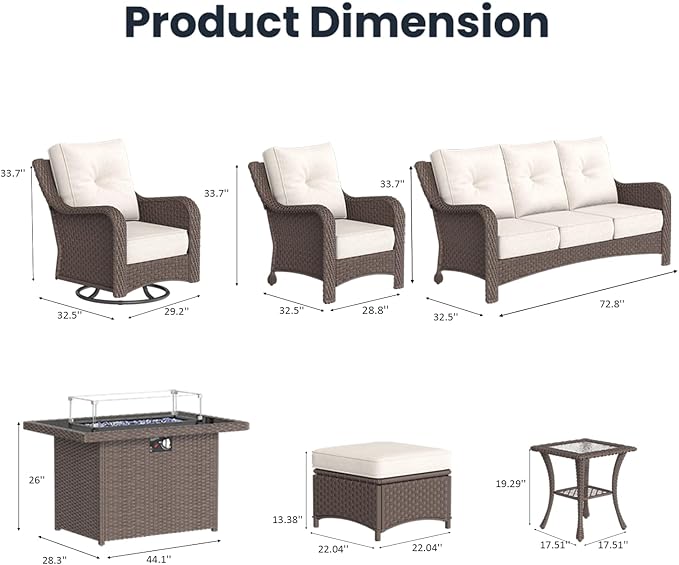 10 Pieces Outdoor Patio Furniture Sets with Rocking Swivel Chairs with 6-inch Thick Cushion and Fire Pit Table for Deck Lawn
