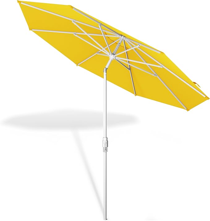 Midtown Umbrellas The Swilt 9 Feet Patio Umbrella in Terylast Sunflower (Yellow) Polyester Fabric - Fiberglass Ribs, Auto-Tilt Aluminum Frame For Backyard, Deck, Garden, Pool - White Pole
