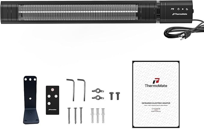 ThermoMate Infared Patio Heater for Outdoor, Electric 1500W IP65 Waterproof with Remote, 9 Heating Levels & 24H Timer for Restaurant Backyard, Plug-in 120V Black