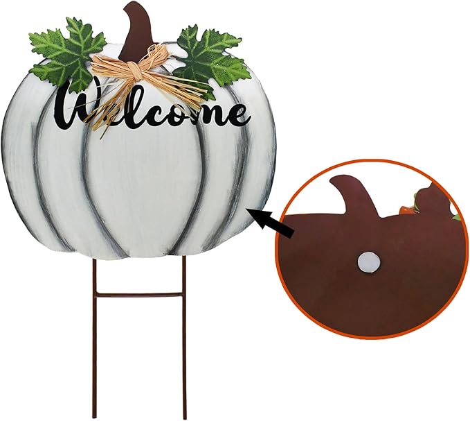 Metal Yard Pumpkin Fall Stakes Decorative Standing Garden Welcome Signs Lawn Stake Outdoor Autumn Harvest Halloween Thanksgiving Decor Pumpkins Pathway Decoration (White)