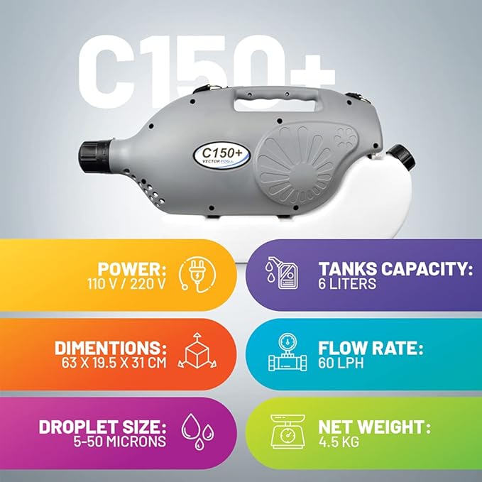 C150+ 110V Electric ULV Fogging Mosquito, Bug Insect Fogger Machine- Outdoor Yard Sprayer for Mosquitoes and Disinfectants-Mist Foggers for Mold, Insecticide (with Free Shoulder Strap)- 6L