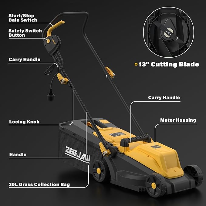 Electric Lawn Mower Corded, 13 Inch 11-Amp Lawn Mowers with 8 Gallon Collection Bag, 3-Position Cutting Height Adjustment for Lawn Care