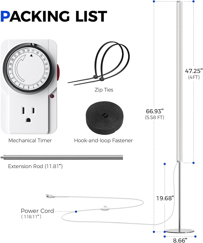 Barrina T1S Standing Grow Light for Indoor Plants with Timer, 65W 660nm High PPFD Tera Series Vertical Full Spectrum Grow Lights Adjustable Height 5FT-5.6FT, Foot Switch, Non-Glare Design, Silver