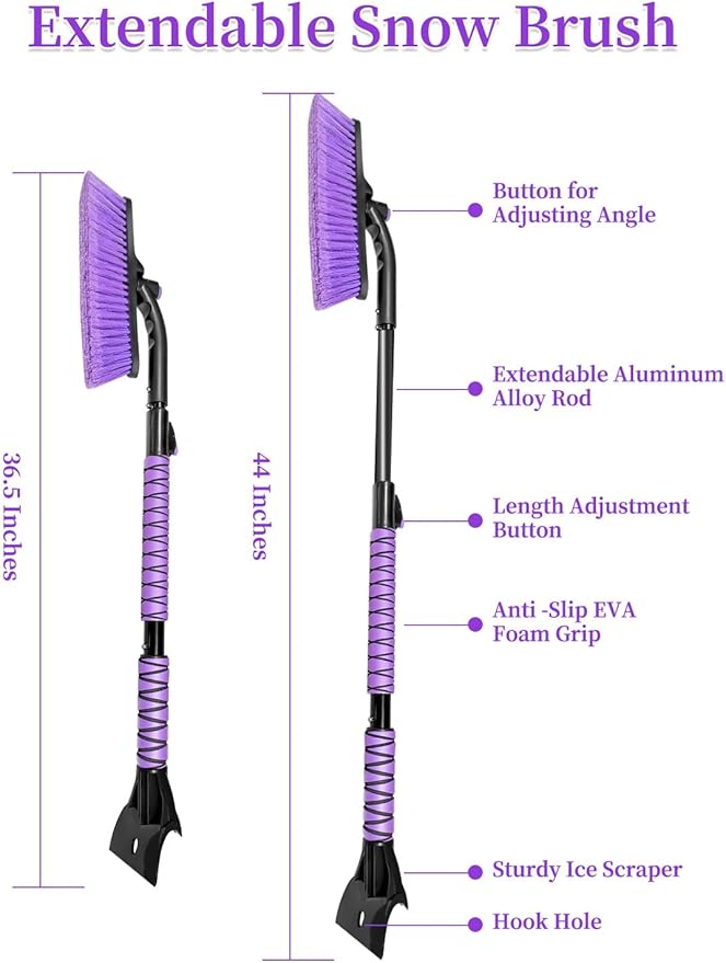HEEYA 44 Inch Snow Brush for SUV, Ice Scraper for Car Windshield Window, Extendable Snow Scraper and Brush with Comfortable Foam Grip for Truck Vehicle Automobile - Purple