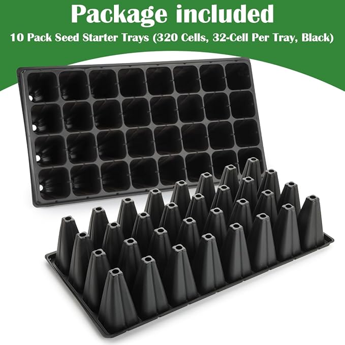 10 Pack 32 Cell Seed Starter Trays - Extra Deep 4.33" Plastic Nursery Trays, 20" x 10",Fits Standard 1020 Flats