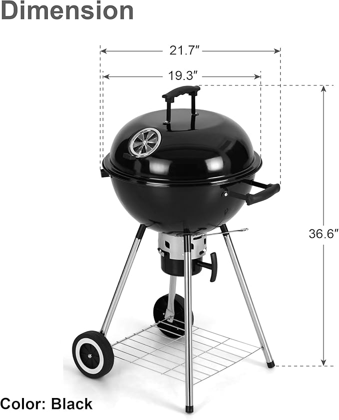 GREEN PARTY 18 inch Kettle Charcoal BBQ Grill with Wheels, Portable Charcoal Grill with Porcelain-Enameled Lid & Ash Catcher for Outdoor Cooking Barbecue Camping Picnics Tailgating, Black