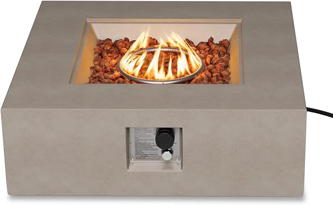 COSIEST Outdoor Propane Fire Pit Coffee Table w Square Faux Stone 35-inch Base, 50,000 BTU Stainless Steel Burner, Free Lava Rocks and Rain Cover(Gray)