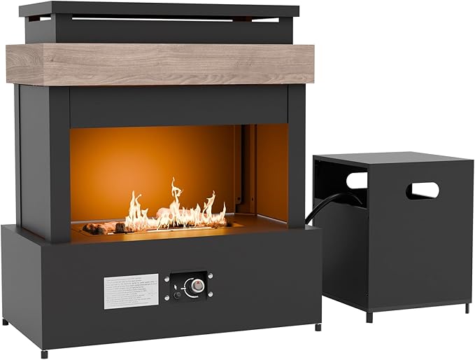 COOS BAY Outdoor Propane Fireplace Firepit, 50,000 BTU Adjustable Flame Chiminea Patio Heater with Tank Storage, Smokeless Gas, Ceramic Log, Modern Metal, 35.4''x22''x40.6'', Gray/Tan