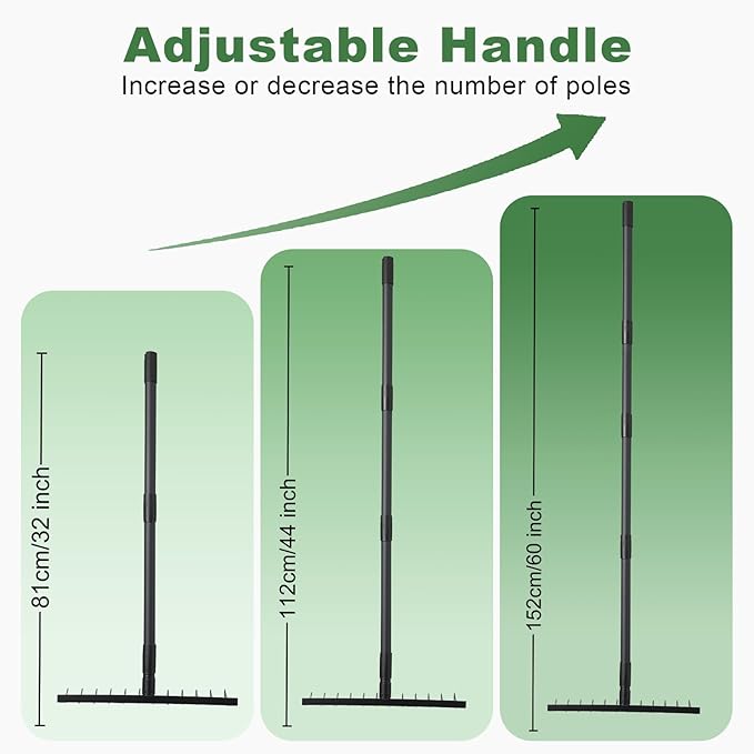 60" Bow Rake 12 Tines Metal Head Rakes with Adjustable Handle, Thatch Rake for Gathering Thatch Loosening Soil Leveling Lawn Farming Land