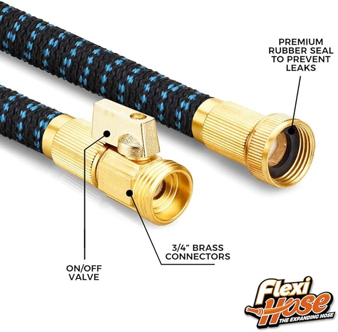 Flexi Hose with 8 Function Nozzle, 150FT - Lightweight Expandable Garden Hose, No-Kink Flexibility, 3/4 Inch Solid Brass Fittings and Double Latex Core