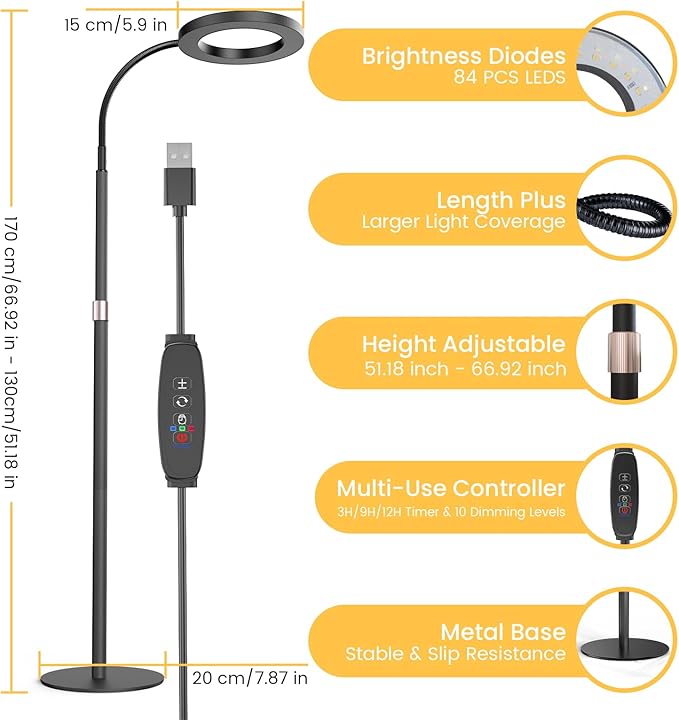 Grow Light Plant Light for Indoor Plants, Full Spectrum Grow Lamp with Pedestal Stand, Automatic Timer for 3H/9H/12H, 10 Dimmable Levels, Height Adjustable 51-67in Black