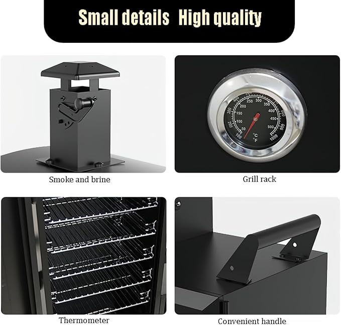 Vertical Cabinet Charcoal Smoker, Black Steel, BBQ Grill with Wheels, Temperature Gauge, Removable Ash Pan, 53x20x35 Inches