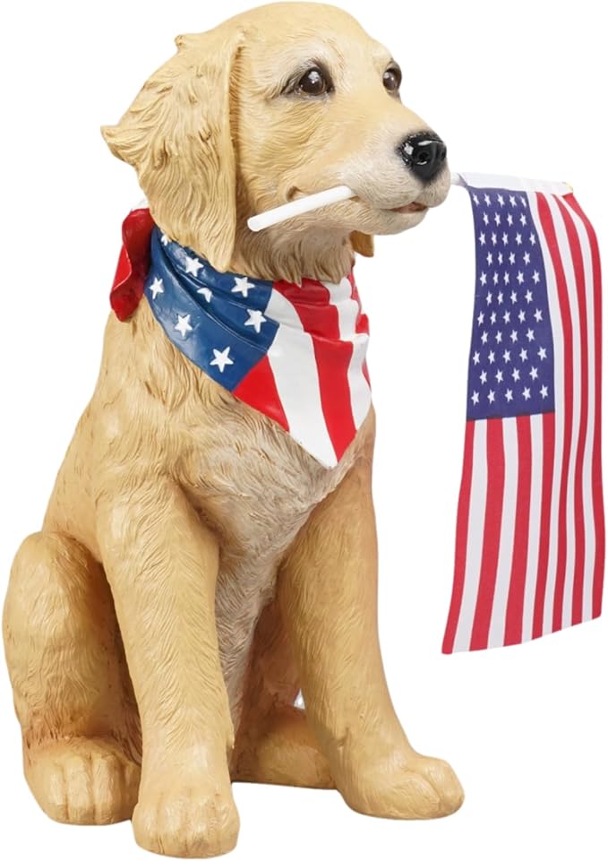 Cynkeyee Outdoor Garden Decor Dog Statue - Large Resin Puppy with American Flag Statues Sculpture for Outside Yard Lawn Home Decor Americana Patriotic Decorations 12.5x8.5x13.5 Inch