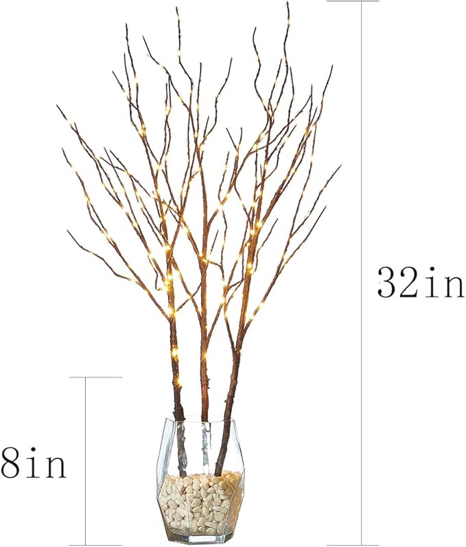 Fudios Branch Lights Plug in with Timer Willow Branches with Lights for Vase Twig 32IN 150 LED Outdoor and Indoor Holiday Party Decor 2Set