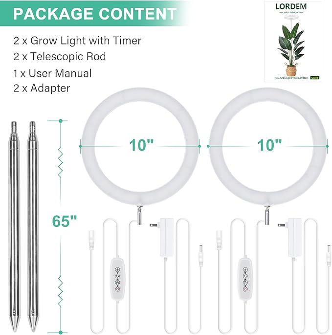 LORDEM 10" Grow Light for Indoor Plants, Full Spectrum Plant Lamp with160 LEDs, 4H/8H/12H Timer, 10 Dimmable Levels, 3 Spectrum Modes, Height Adjustable 65", Ideal for Large Tall Plants, Pack of 2