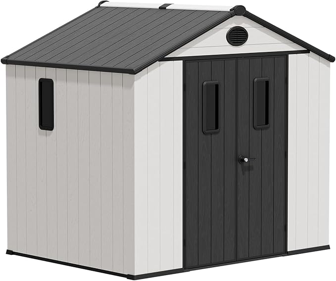 EAGLE PEAK 8x6 Resin Outdoor Storage Shed, Weatherproof Garden Shed with Floor & Lockable Doors, Tool & Equipment Storage for Backyard or Patio, White/Gray