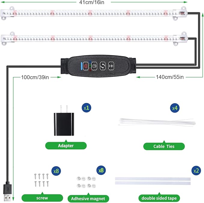 16‘’ LED Grow Light Strips for Indoor Plants,Full Spectrum 120 LEDs with 4 Install Methods, 6/12/16H Timer, 10 Dimmable Levels, 3 Switch Modes for Seedling Succulent Sunlike Strip (2 Head 1 Pack)