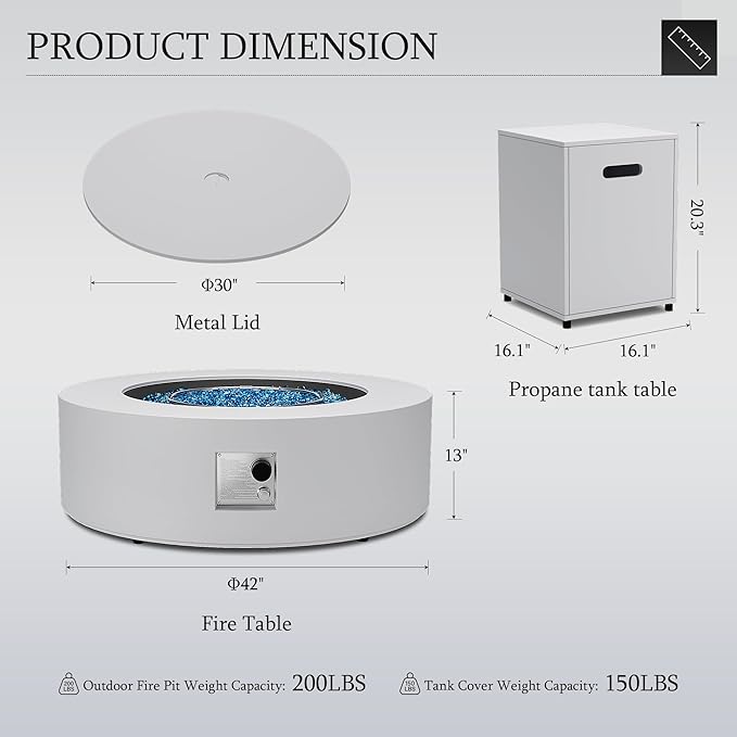 UPHA 42-inch Outdoor Propane Gas Fire Pit Table 50000 BTU Iron Round Firepit for Outside Patio with Tank Hidden Table, Removable Lid, Blue Glass Rocks, Rain Cover, White
