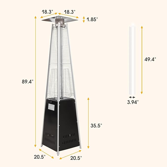 Outdoor Heaters for Patio 42,000BTU, Pyramid Patio Heater Quartz Glass Tube, Outdoor Heater Safety Protection System, Propane Heater with Wheels for Commercial & Residential, Black