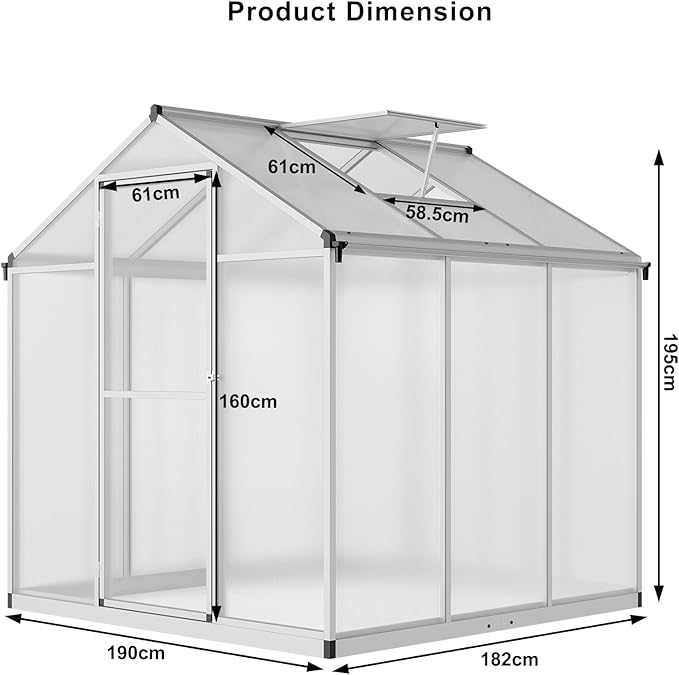 Garvee 6.25x6 FT Greenhouse for Outdoors, Polycarbonate Greenhouse with Quick Setup Structure and Roof Vent, Aluminum Large Walk-in, for Outside Garden Backyard, Silver