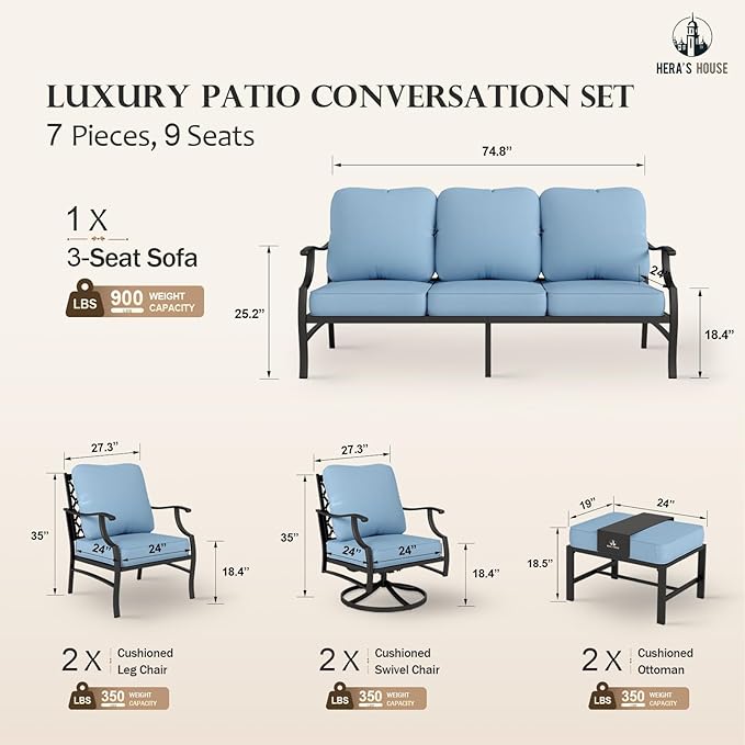 HERA'S HOUSE 7 Piece Patio Furniture Set, 2 x Swivel Chair, 2 x Fixed Chair, 2 x Ottoman, 1 x 3-Seat Sofa, All Cushioned Outdoor Conversation Set for Lawn Garden Backyard, Blue