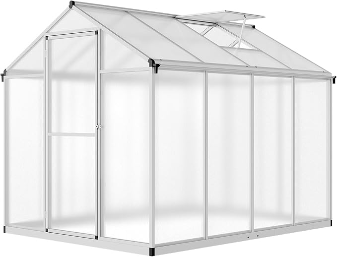Greenhouse, 6.25x8 Ft Quick-Assembly Green House, Aerospace Aluminum & Shatterproof Polycarbonate with 24" x 23"Roof Vent for Patio/Garden, White
