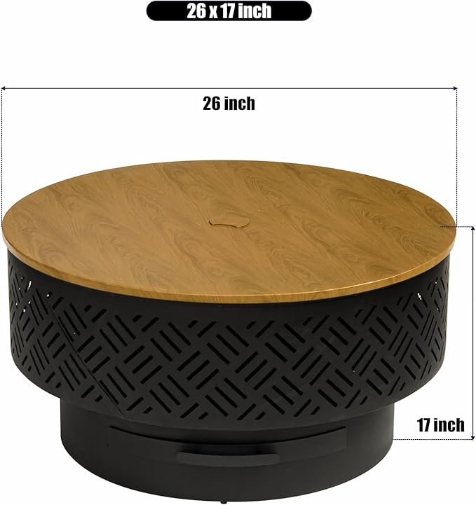 26" Wood Burning Fire Pits with Grill & Lid, Fire Pit Table for Outside with Waterproof Cover & Fire Poker, Outdoor Firepit with Functions for BBQ,Table and Bonfire
