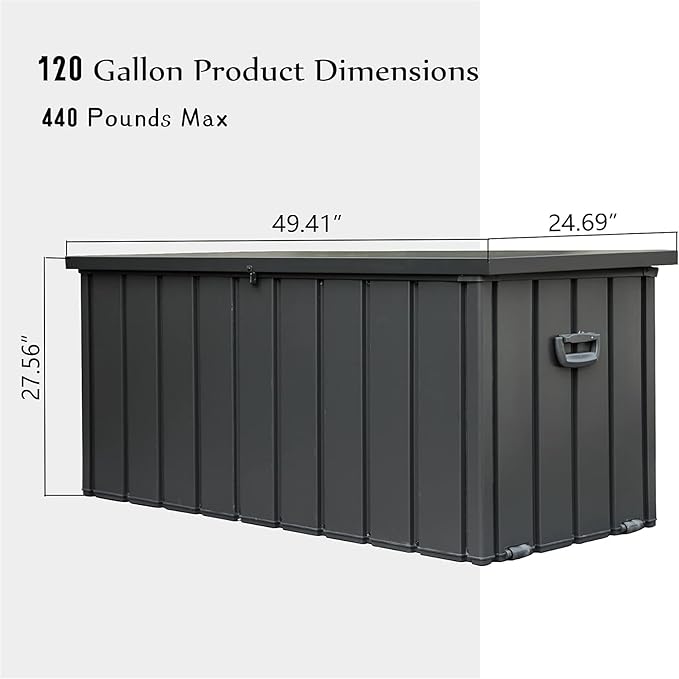 CHUNLY 120 Gallon Metal Deck Box, Waterproof Outdoor Patio Storage Box for Outside Cushions, Pool Supplies, Garden Tools, Lockable (Dark Gray)