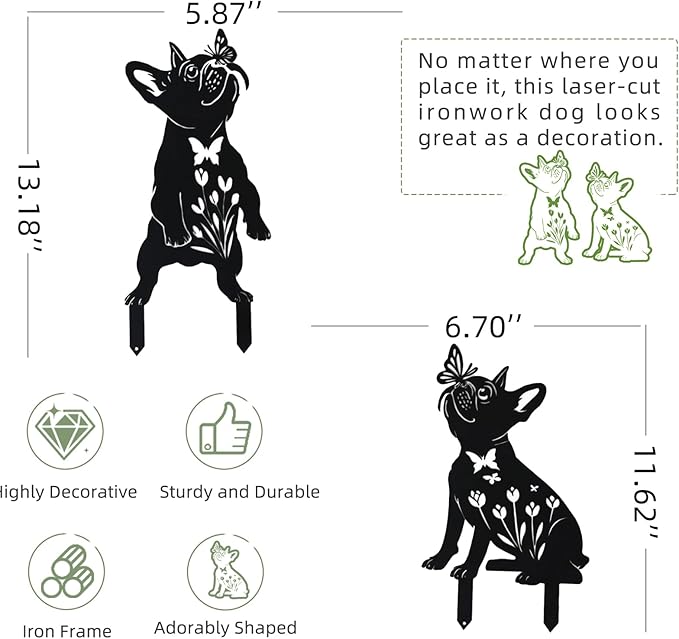 Metal Pug Garden Decor for Outside (2 Pack), 14" Yard Art Stakes,Unique Gift for Kitty Lovers, Outdoor Lawn Statues and Weather Resistant Yard Art