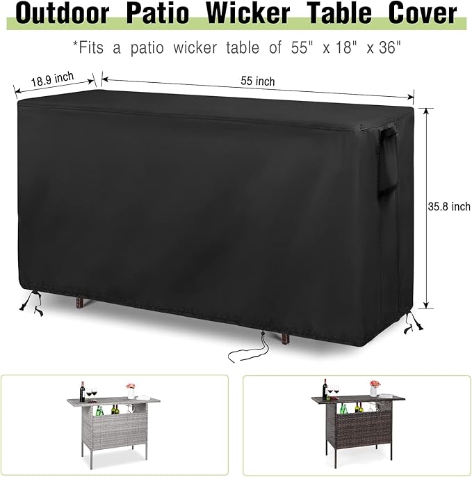 Outdoor Bar Cover for Patio Wicker Bar Counter Table 55"L x 18"D x 36"H, Waterproof& Heavy Duty Cover for Patio Rattan Wicker Bar Table-Rectangle