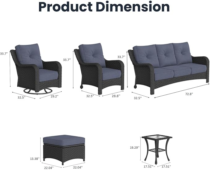 9 Pieces Outdoor Patio Furniture Sets with Rocking Swivel Chairs with 6-inch Thick Cushion and Side Table for Deck Lawn