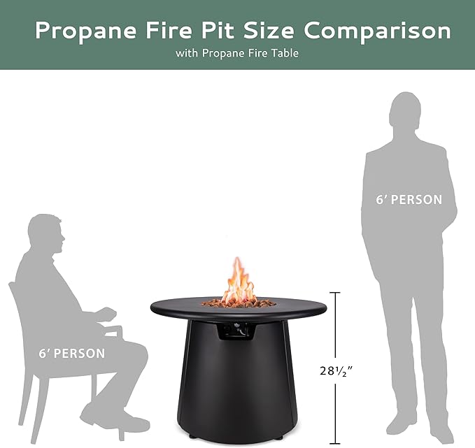 TIKI Brand Customizable Propane Fire Pit with Tabletop, 40,000 BTU 28.5" Outdoor Gas Fire Pit Table, Includes Round Tabletop Attachment and Lava Rocks, Black