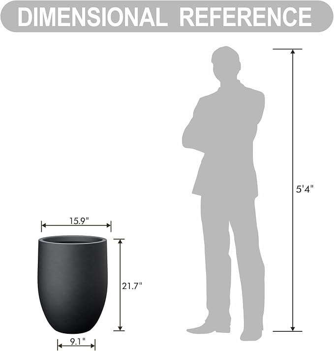 Kante Tall Concrete Planter, 21.7-Inch Height Black Large Indoor Outdoor Plant Pot with Drainage Hole for Patio Garden Home, Modern Decor for Flowers and Tree