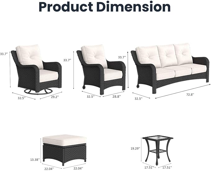 9 Pieces Outdoor Patio Furniture Sets with Rocking Swivel Chairs with 6-inch Thick Cushion and Side Table for Deck Lawn