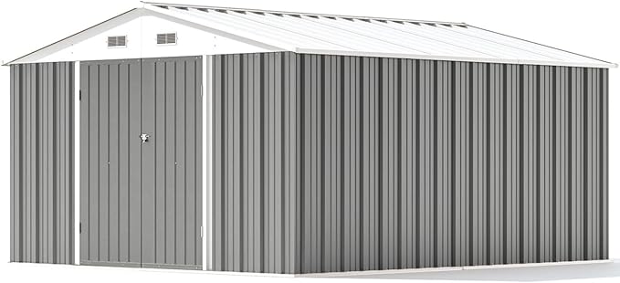 Patiowell 10 x 12 FT Metal Storage Shed for Outdoor, Steel Yard Shed with Design of Lockable Doors, Utility and Tool Storage for Garden, Backyard, Patio, Outside use, Gray