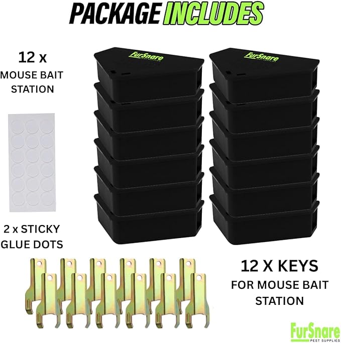 Mouse Bait Station for Outdoor & Indoor with Keys - Mice Traps for House Indoor Kill - Mouse Poisoning Bait Box for Home, Pest Control - Reusable, Safe for Kids & Pets (12 Pack, Black)